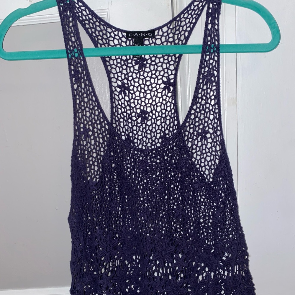 Flower Netted Racerback Navy Tank Top
